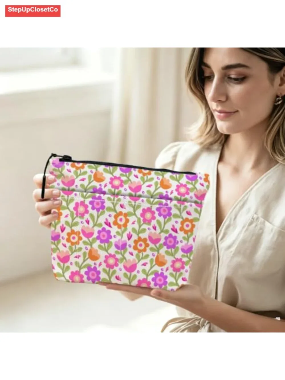Vintage Floral Makeup Bag with External Pockets, Portable Travel Toiletry
